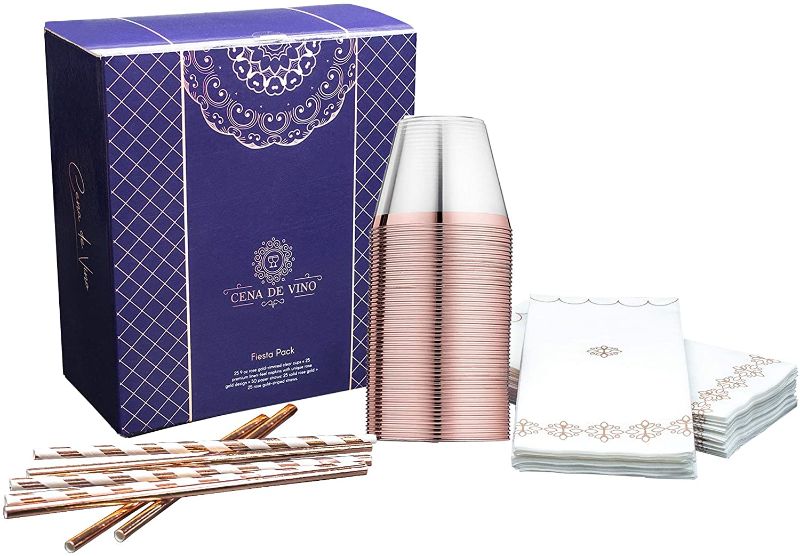 Photo 1 of 25 Guest Fiesta Pack: 25 9oz Rose Gold-Rimmed Plastic Cups, 25 Cloth-Like/Linen-Feel Napkins, 25 Solid Rose Gold Paper Straws & 25 Rose Gold-Striped Paper Straws