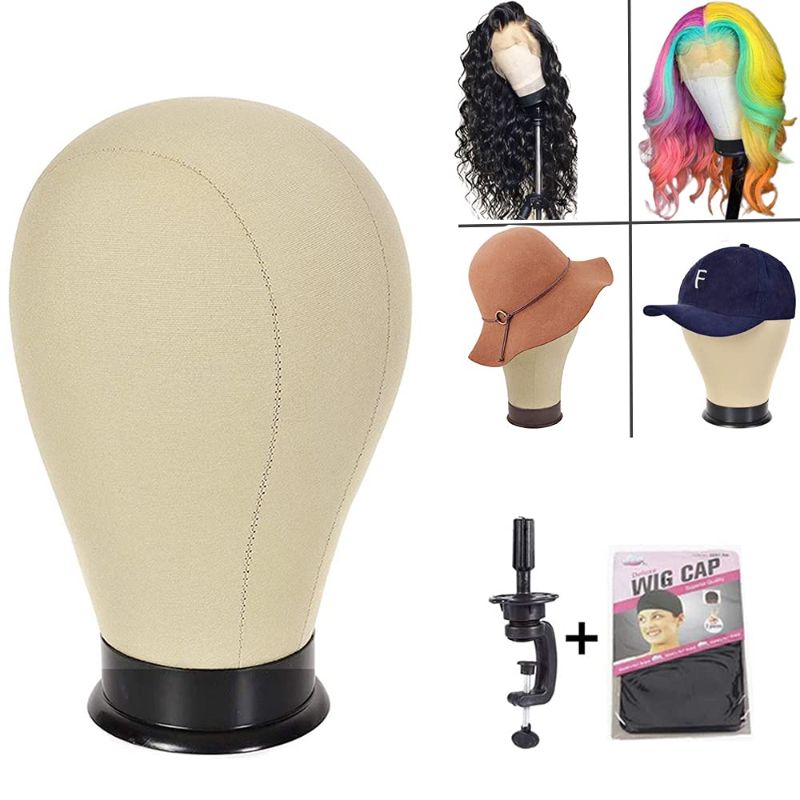 Photo 1 of 22 inch Wig Head Canvas Wig Head Cork Canvas Block Head Dome Wigs Styling Mannequin Head for Making Display Wigs Styling Head Wig Manikin Head Professional Making Wigs Head With Mount Hole Wig Cap and Stand Set Blocks Head