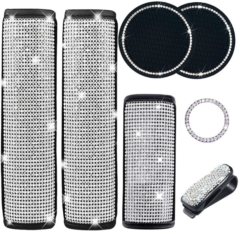 Photo 1 of 7 Pack Bling Car Accessories Set for Women, Rhinestone Seat Belt Shoulder Pads Covers Diamond Start Button Ring, Crystal Handbrake Cover Car Cup Holder Coasters Sunglasses Holder for Car Visor (Black)