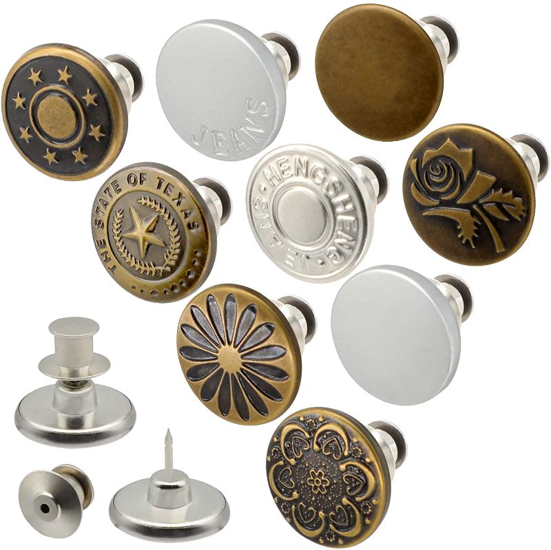 Photo 1 of 9 Pieces 17mm Adjustable Instant Buttons Pins Replacement Removable for Jeans, No Sew, Detachable Pants Button (Silver, Bronze)