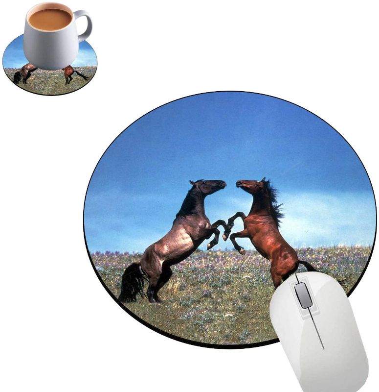 Photo 1 of Round Mouse Pad and Coasters Set, War Horse Mousepad, Non-Slip Rubber Round Gaming Mouse Pad, Customized Mouse Mat for Home Office Business Gaming