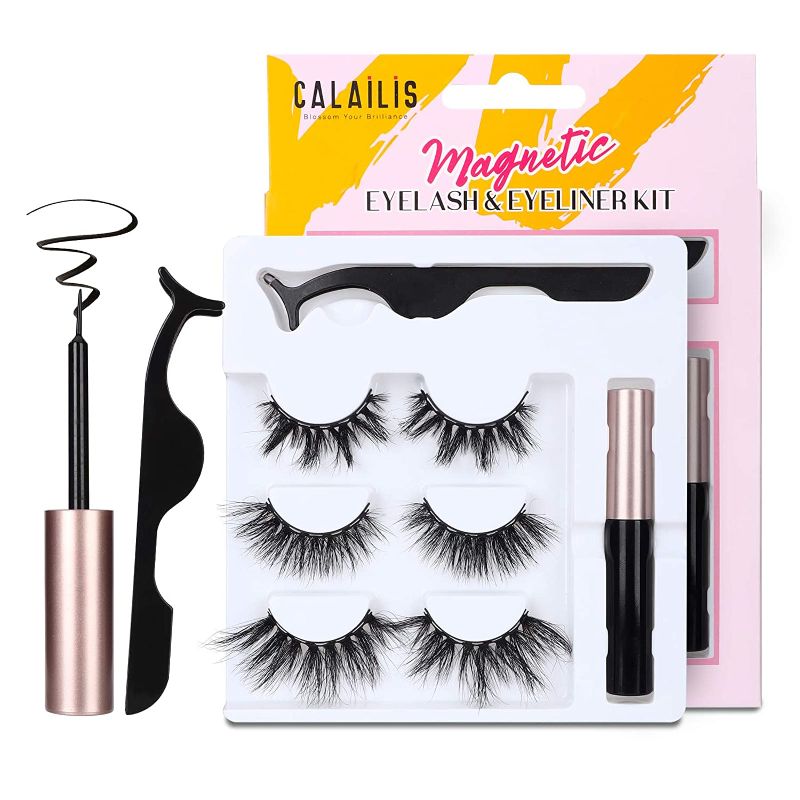 Photo 1 of CALAILIS Real Mink Lashes, Magnetic Eyelash and Eyeliner Kit, 3D Mink Lashes Full Volume False Eyelashes 5D Dramatic Fluffy Thick Eyelashes Waterproof Liquid Eye Liner Free Applicator, CYD302