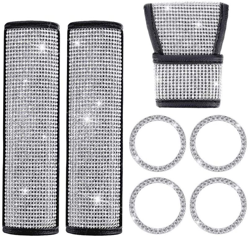 Photo 1 of 7 Pieces Bling Crystal Diamond Car Accessories Set, Include Car Gear Shift Cover, Car Seat Belt Covers, Car Sticker Ring Emblem for Women Girls