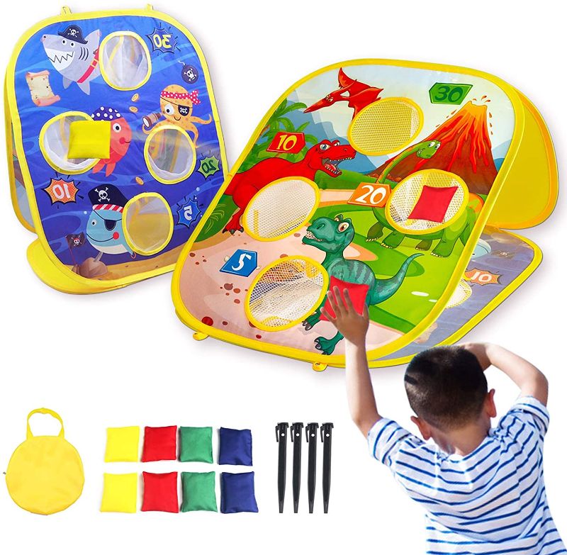 Photo 1 of SIEBIRD Bean Bag Toss Game for Kids, Collapsible Double Sided Dinosaurs & Marine Life Themed Cornhole Board with 8 Bean Bags, Outdoor Beach Toys for Boys Girls 3 4 5 6 7 Years Old