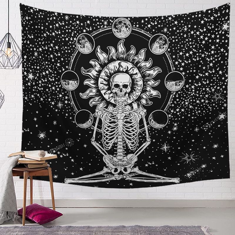 Photo 1 of Skeleton Tapestries for Bedroom Aesthetic Black and White Skull Tapestry Wall Hanging Meditation Chakra Tapestry with Stars for Bedroom Home Wall Decor, 51x59 inches