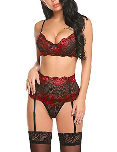 Photo 1 of Avidlove Sexy Bra Lingerie Set for Women Lace Bralette Panty Set Sexy Babydoll Bodysuits (Red, XL)