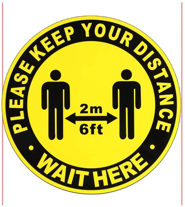 Photo 1 of Social Distancing Floor Decal Sticker Stop 6 Feet Apart Wait Here Sign Keep Distance Sticker Marker for Crowd Control Guidance, Grocery, Pharmacy, Bank 11 inch Round, 5 Pack