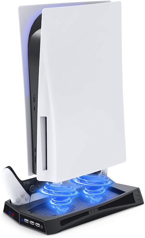 Photo 1 of Vertical Stand Compatible with Playstation 5 with Cooling Fan Charging Station Cooler for PS5 Disc/Digital Edition, Cooling Stand with Dual Controller Charge Station Dock for DualSense Controller