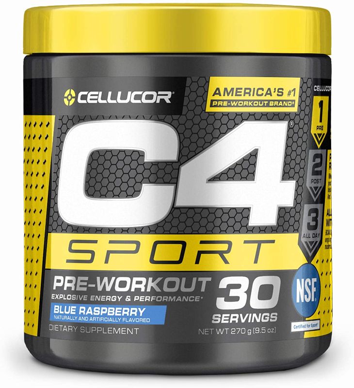 Photo 1 of C4 Sport Pre Workout Powder Blue Raspberry - NSF Certified for Sport + Preworkout Energy Supplement for Men & Women - 135mg Caffeine + Creatine Monohydrate - 30 Servings, Best by 05/2023