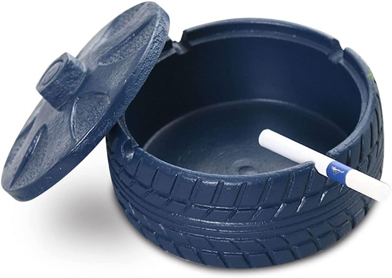 Photo 1 of Ashtray with Lid for Cigarettes - Creative Tire Shape Industrial Style Windproof Cement Ash holder for Indoor or Outdoor Use, The Best Companion for Patio, Office & Home Desktop (Blue) MISSING LID