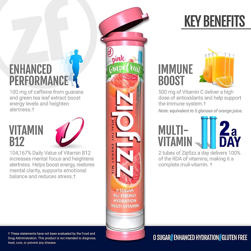 Photo 1 of Zipfizz Healthy Energy Drink Mix, Hydration with B12 and Multi Vitamins, Pink Grapefruit, 20 Count
EXP 03/23