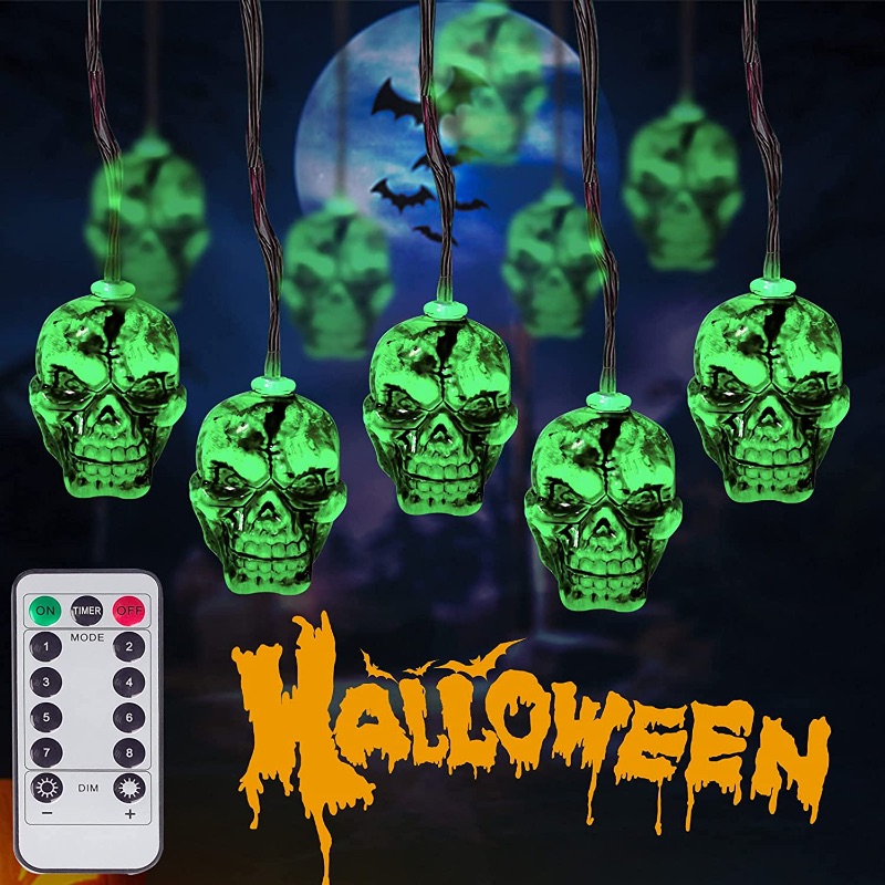 Photo 1 of SPRKLINLIN Halloween Lights, Halloween Skull Light String Decoration, Battery Operated Lights String Wireless Remote Control 30 LED Lights Dust-Proof and Waterproof Design, Halloween Party Decoration. Green