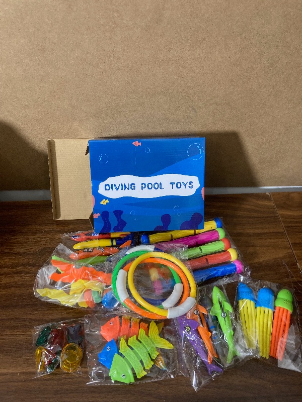 Photo 2 of Diving Toys Swimming Pool Toys for Kids, 5 Diving Sticks, 4 Toypedo Bandits, 4 Diving Rings, 8 Pirate Treasures, 3 Fish Toys, 3 Stringy Octopus, 3 Seaweeds, 2 Ballonfish with Storage Bag