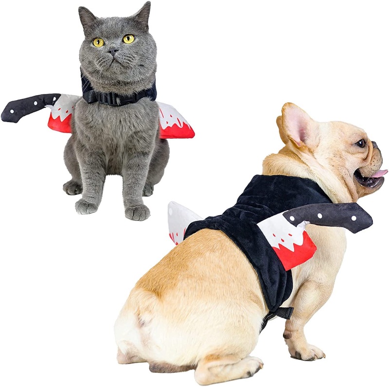 Photo 1 of PAWCHIE Dog Halloween Costumes & Dog Squeaky Toys Set - Adjustable Bloody Knife Carrying Harness & Knife Shaped Squeaky Dog Toys for Small Medium Puppy and Grown Cats, Cosplay Party Decoration