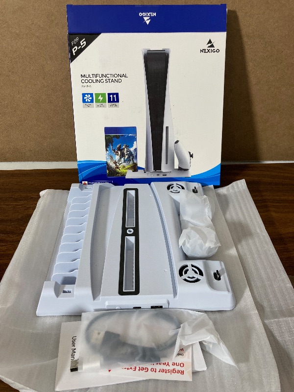 Photo 1 of NexiGo PS5 Vertical Stand with Headset Holder, Multifunctional Stand with Cooling Station and Game Storage, Dual Controllers Charger, Headphone Stand, for Playstation 5 (Disc and Digital Edition)