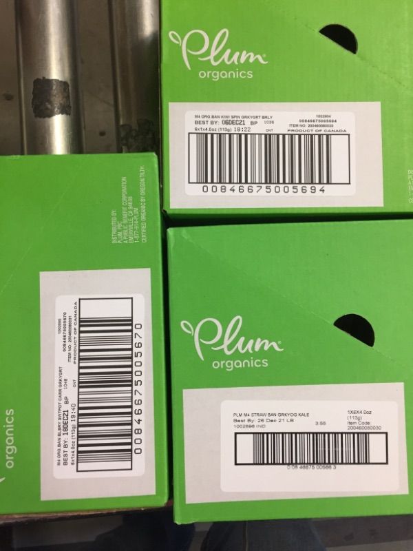 Photo 1 of 2 BOXES- 6 PACKS OF 6 POUCHES-  36 POUCHES TOTAL Plum Organics Mighty 4, Organic Toddler Food, Banana, Kiwi, Spinach, Greek Yogurt & Barley, 4 oz Pouch BEST BY DATES RANGE FROM 06 DEC 2021 TO 26 DEC 2021 SEE PHOTOS