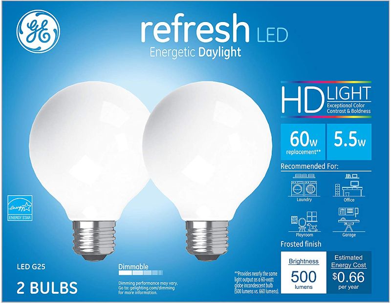 Photo 1 of GE Refresh HD G25 Globe Dimmable LED Light Bulb, 60-Watt Replacement, Medium Base, Daylight, Frosted Finish, 2-Pack
