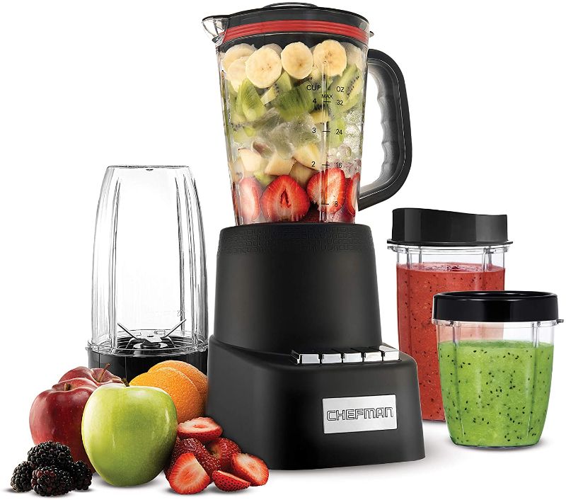 Photo 1 of Chefman Countertop + Travel Dynamic Blending System, 12-Piece Set, 3 Programmed Speeds & Pulse, Easy Ice Crushing for Shakes & Smoothies, Dishwasher-Safe 32-Oz Pitcher, 12Oz & 2 24Oz Tumblers, Black
