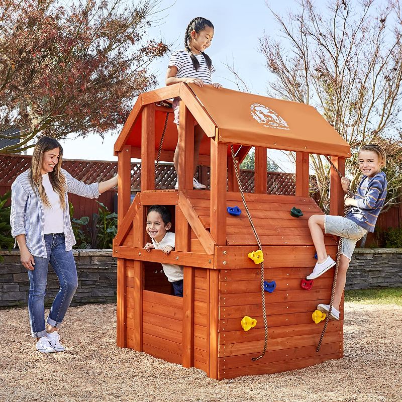 Photo 1 of Little Tikes Real Wood Adventures Outdoor Wooden Climb House for Backyard Fun with 4' High Rock Climbing Wall & Climber Ropes, Play House and Deck --- BOX 1 OF 2 ONLY ---- PARTS 
