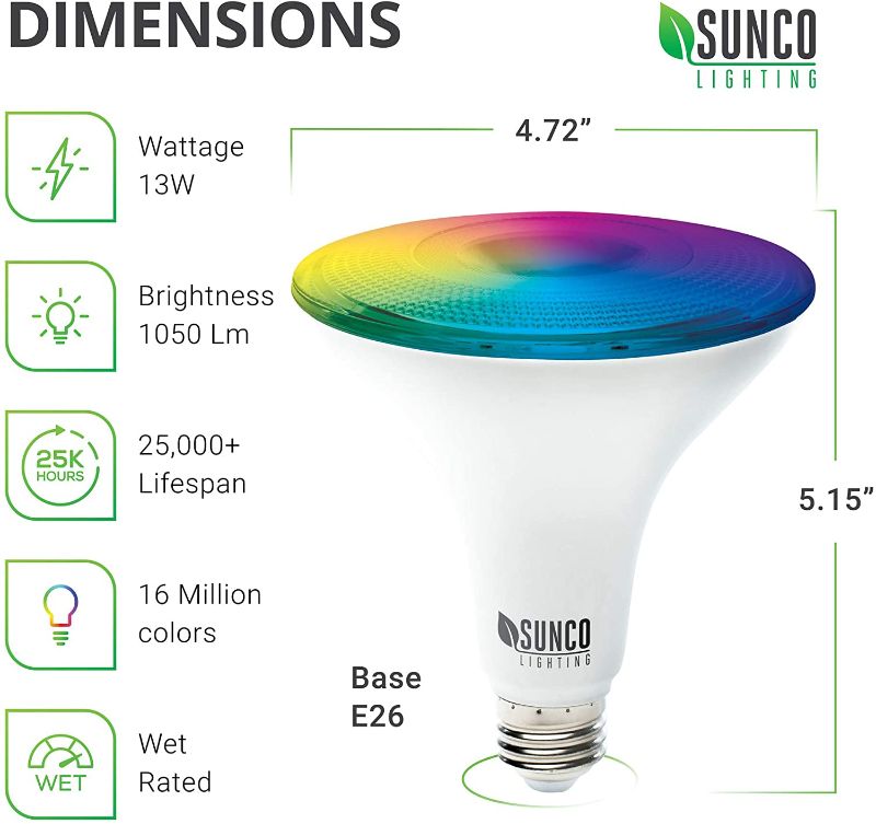 Photo 1 of Sunco Lighting PAR38 Alexa Compatible Smart LED Bulbs, WiFi Color Changing Outdoor Flood Light, 13W, RGB Tunable White CCT, Dimmable, with Amazon Alexa & Google Assistant, No Hub Required