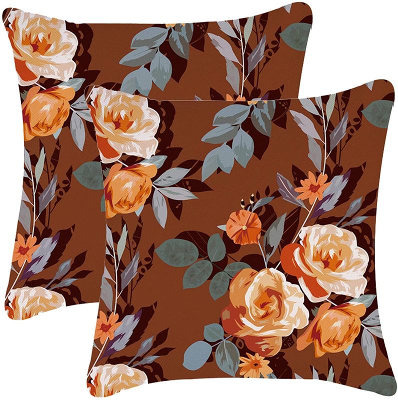 Photo 1 of ZUEXT Light Orange Rose on Rust Brown Floral Spring Throw Pillow Covers 20 x 20 Inch Set of 2, Polyester Square Summer Cushion Cover Pillowcases for Office Home Decor Housewarming Gift