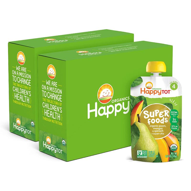 Photo 1 of HAPPYTOT Organics Super Foods Stage 4, Pears, Mangos and Spinach + Super Chia, 4.22 Ounce Pouch (Pack of 16) expires 31/May/2022
