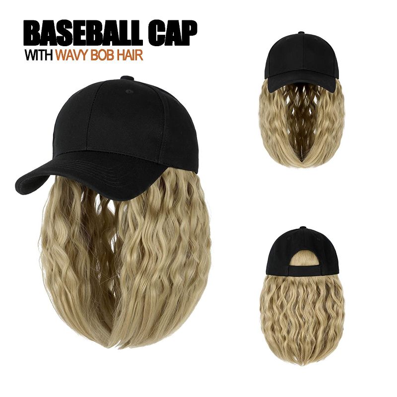 Photo 1 of AynnQueen Baseball Cap with Hair Short Bob Hair Extensions for Women 14inch Kinky Curly Bob Hairstyle Removable Wigs Adjustable Black Baseball Cap(Ash Blonde)