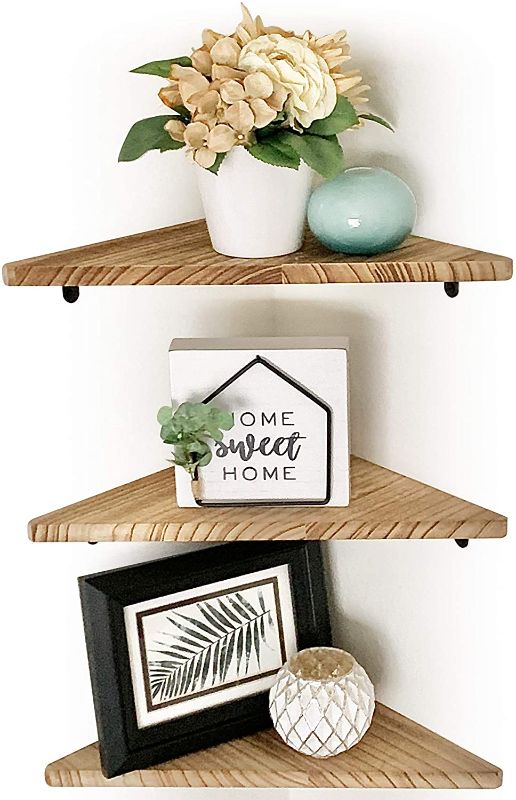 Photo 1 of BEECORA Corner Floating Wall Shelves- Home Decor [3PC Set] w/Bonus Level Rustic Real Wood Farmhouse Shelf for Bedroom Wall Mounted Living Room Bathroom Organizer in Kitchen Office Corner Shelf
