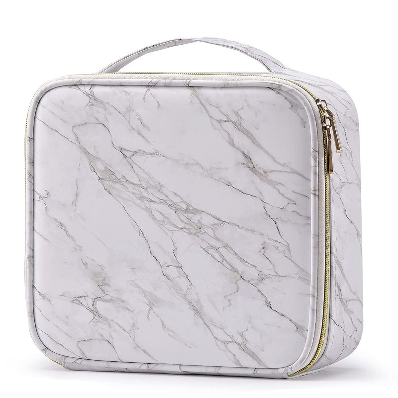 Photo 1 of Marble Leather Travel Makeup Bag Organizer Cosmetic Bag PU Leather Large Capacity Makeup Organizers Storage Portable Brush Holder with Adjustable Divider for Jewelry Cosmetics for Women and Girls - Marble
