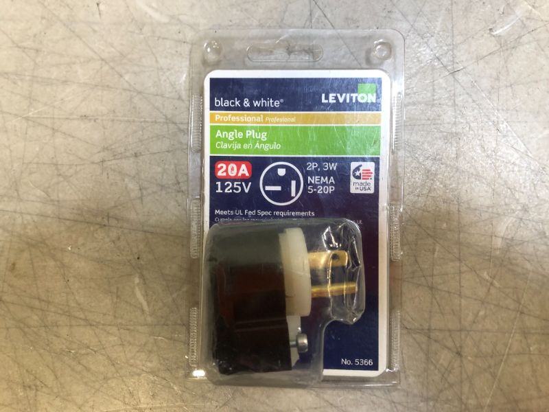 Photo 2 of  Leviton 20 Amp 125-Volt Straight Blade Grounding Angle Plug, Black/White