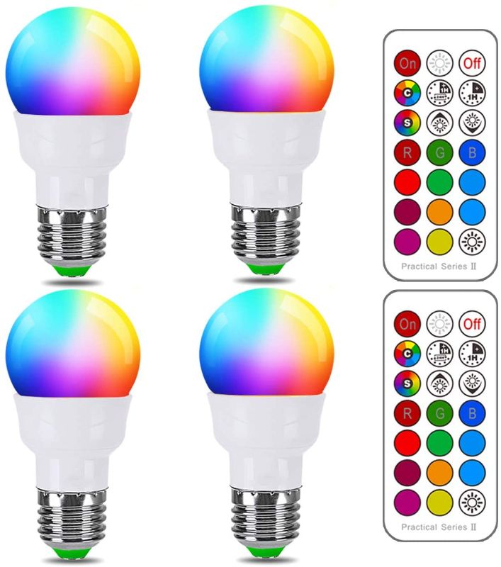 Photo 1 of ILC RGB LED Light Bulb, Color Changing Light Bulb, 40W Equivalent, 450LM, 2700K Warm White 5W E26 Screw Base RGBW, Flood Light Bulb- 12 Color Choices - Timing Infrared Remote Control (3 PACK)
