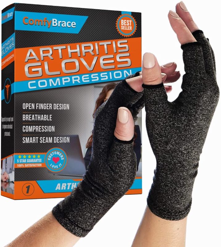 Photo 1 of Comfy Brace Arthritis Hand Compression Gloves – Comfy Fit, Fingerless Design, Breathable & Moisture Wicking Fabric – Alleviate Rheumatoid Pains, Ease Muscle Tension (Medium)
