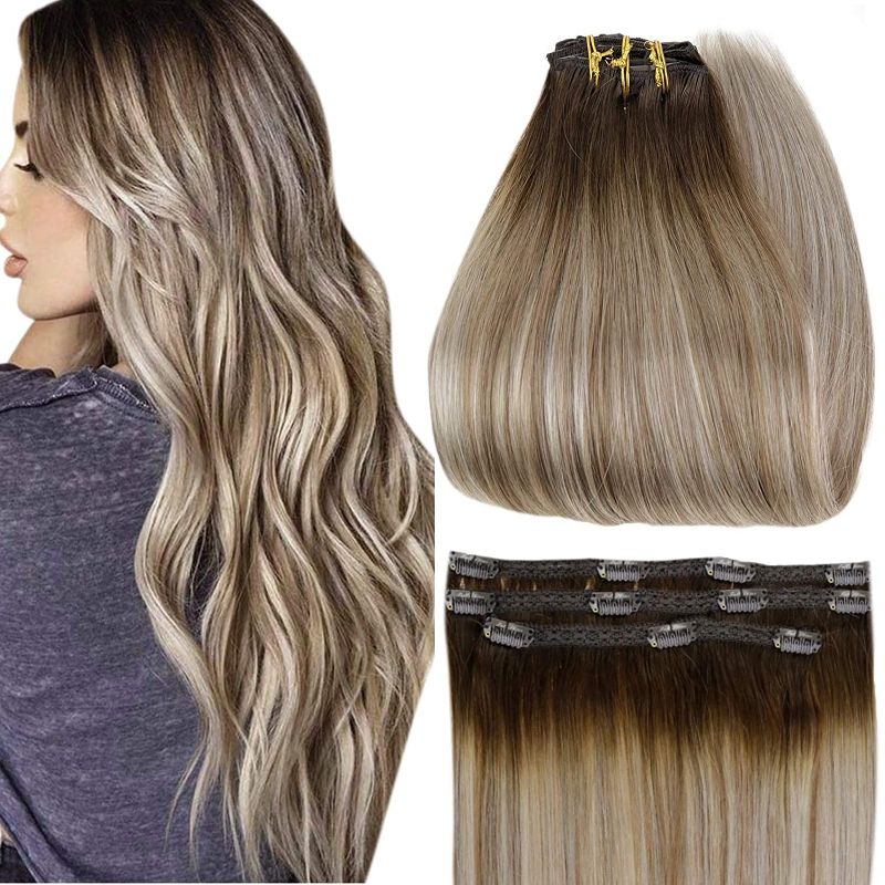 Photo 1 of Full Shine Lace Clip in Hair Extensions 3Pcs Clip in Hair Extensions Clip in Hair Extensions 14 Inch Balayage Color 3 Fading to 8 and 22 Blonde Lace Clip on Hair for Women 50 Gram
