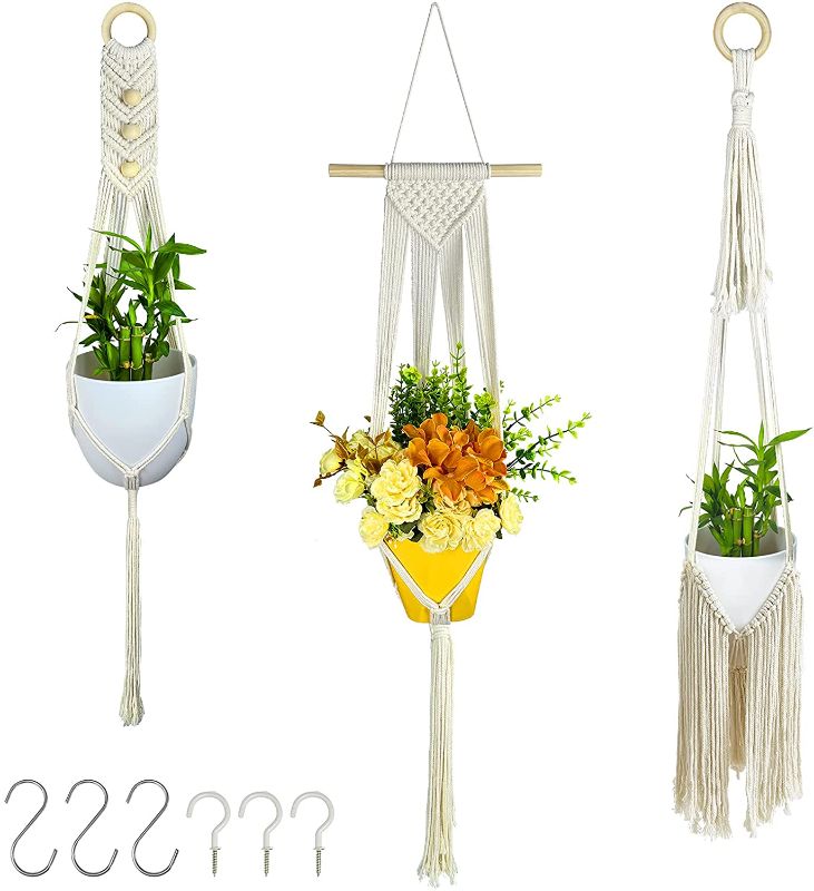 Photo 1 of 3 Pack Macrame Plant Hangers - Hanging Planter Basket with 6 Hooks, Outdoor Hanging Planters Set, Hanging Plant Holders with Tassel, Decorative Macrame Hangers Set

