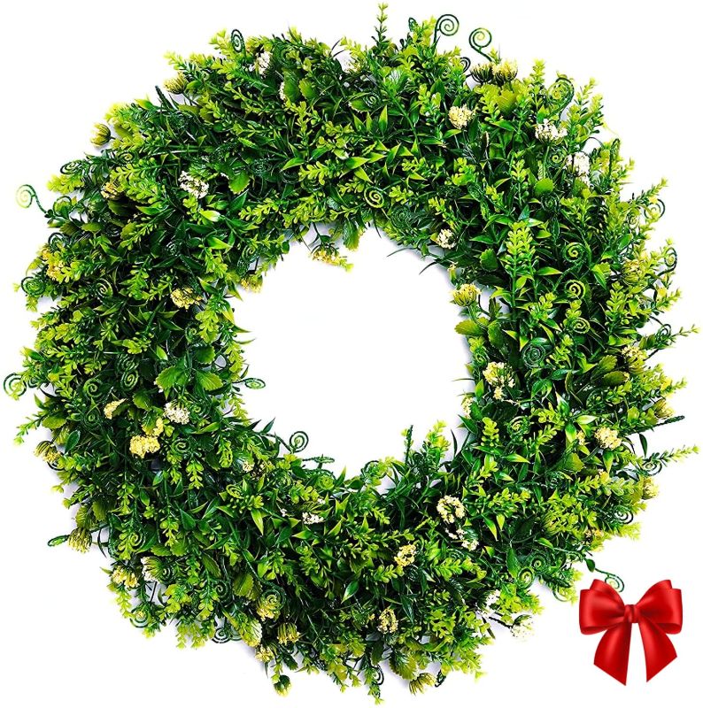 Photo 1 of CARESOME 17" Wreath Green Boxwood Wreath with Bulky Leaves and Weatherproof Flowers for Christmas, Fall Decor, Front Door, Home Decoration, Garden Decor, Wall and Farmhouse Decor Greenery Wreath
