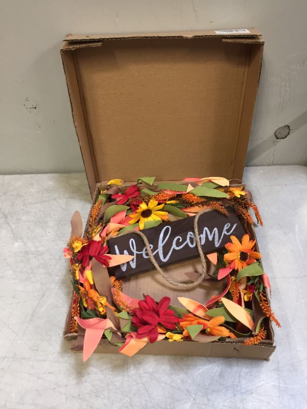 Photo 3 of Fall Flower Wreath,20” Artificial Autumn Wreath with Burgundy Orange Yellow Daisies Fall Front Door Wreath with Wooden Welcome Sign for Home Farmhouse Decor and Thanksgiving Day Celebration
