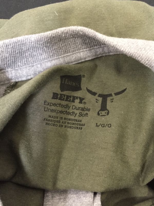 Photo 2 of Hanes Long-Sleeve Beefy-T -- TWO TONED GREY/GREEN SIZE LARGE 