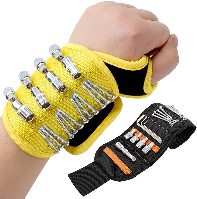 Photo 1 of 2 Pack Magnetic Wristband with Strong Magnets for Men Holding Tools Screws Nails Drill Bits Tool Gift for Men (Yellow and Black) by SINSETU
