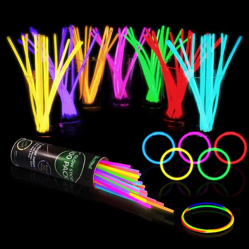 Photo 1 of 100 Glow Sticks Bulk Party Supplies - Glow in The Dark Fun Party Pack with 8" Glowsticks and Connectors for Bracelets and Necklaces for Kids and Adults
