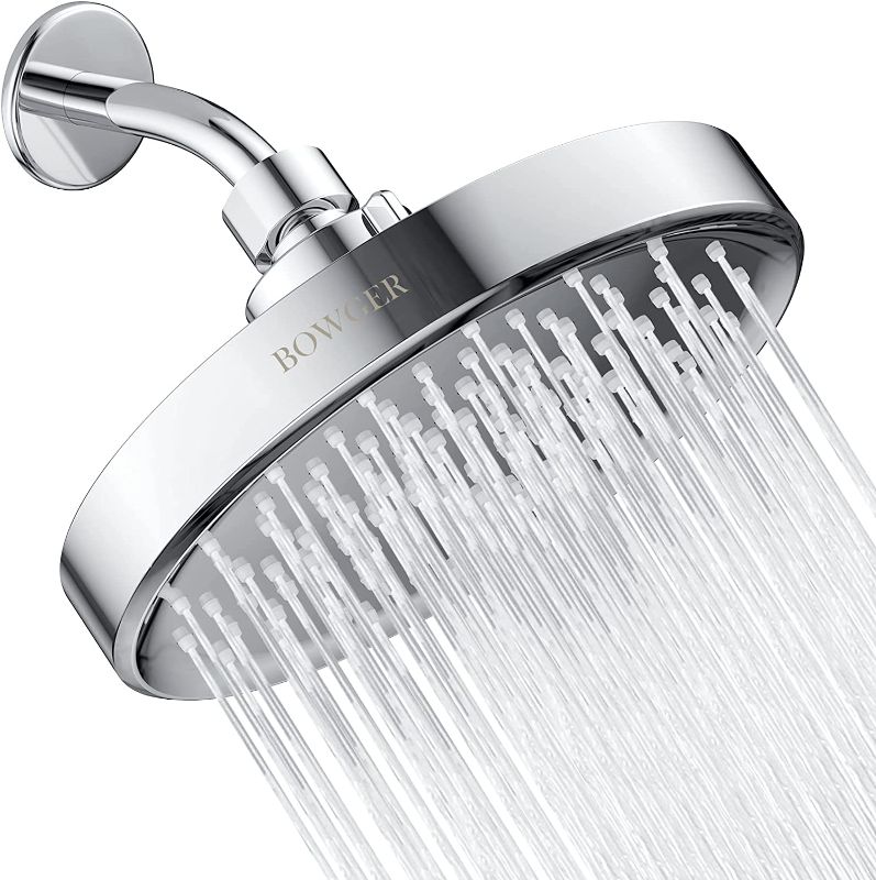 Photo 1 of BOWGER Rain Shower Head, 6 Inches High Pressure Waterfall Showerhead, Angles Adjustable, Anti-Clog Silicone Nozzles, Tool-Free Installation, Luxury Shower Experience Even at Low Water Flow (Chrome)
