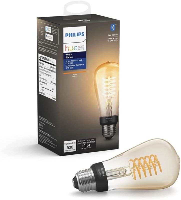 Photo 1 of Philips Hue White Dimmable Filament ST19 LED Smart Vintage Edison Bulb, Bluetooth & Hub compatible (Hue Hub Optional), voice activated with Alexa
