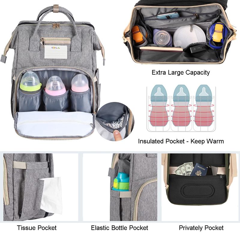 Photo 1 of 3 in 1 Diaper Bag Backpack Organizer, Portable Mummy Bag include Insulated Pocket, Multi-Functional Baby Backpack Organizer with Diapers Changing Station for Essential Items Grey
