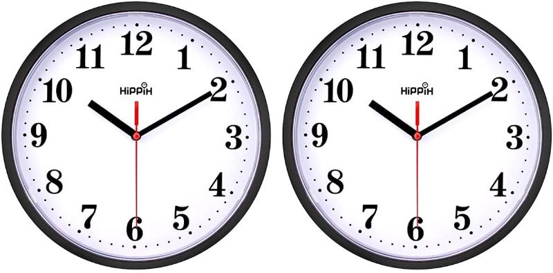 Photo 1 of 2 Pack Silent Non Ticking Quartz Wall Clock by Hippih, Battery Operated 10 Inch Round Easy to Read for Home Office School Decor Clock
