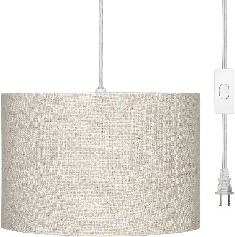 Photo 1 of DEWENWILS Plug in Pendant Light, Hanging Light with 15ft Clear Cord, On/Off Switch, Beige Linen Shade, Hanging Light Fixture for Bedroom, Kitchen, Living Room, Dining Table
