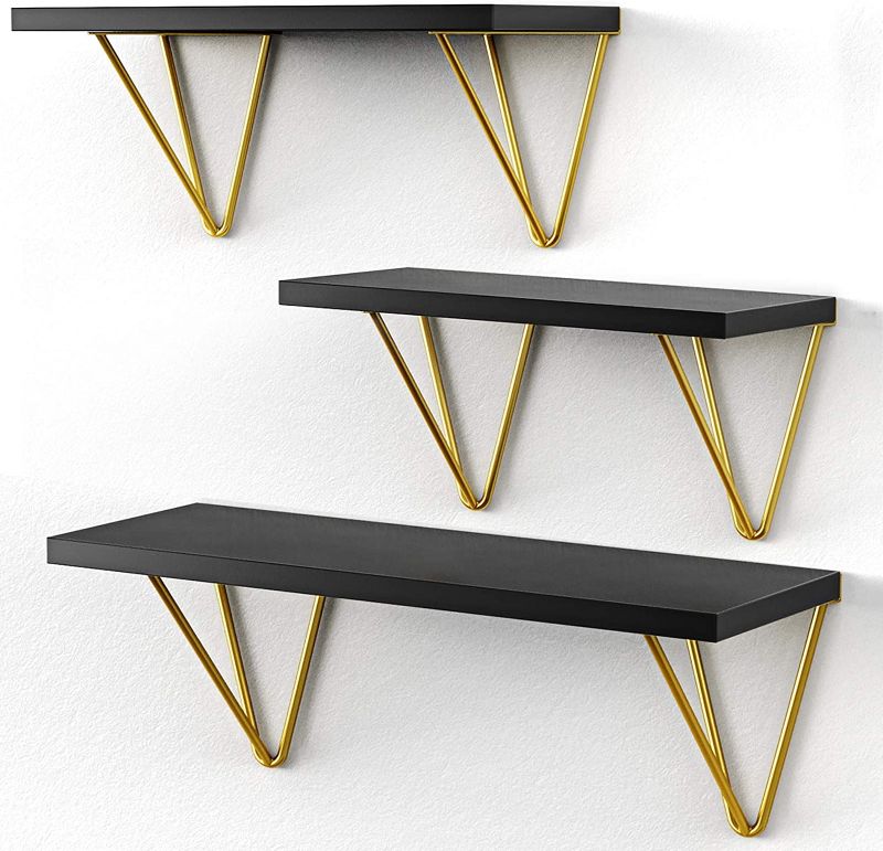 Photo 1 of AMADA HOMEFURNISHING Wall Shelves Black - Floating Shelf with Triangle Golden Metal Brackets for Living Room, Bedroom, Kitchen, Bathroom, Set of 3
