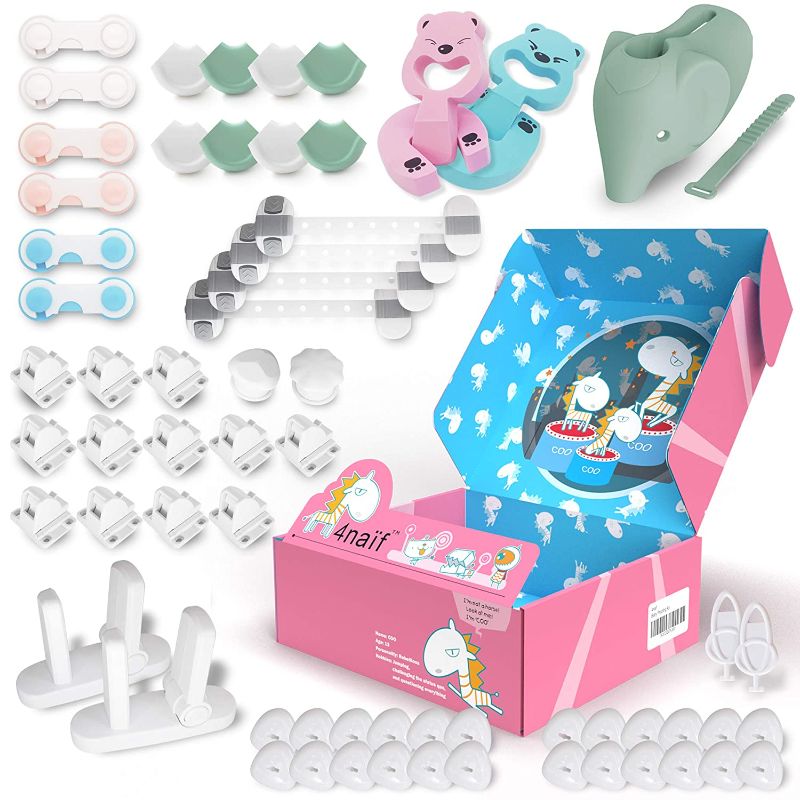 Photo 1 of Baby Proofing Kit - 61 Pack, 12 Magnetic Cabinet Locks, 24 Outlet Plug Covers, 10 Cabinet Locks, 8 Corner Protectors, 2 Door Lever Locks, Finger Pinch Guards, etc - All-in-ONE Baby Safety Products
