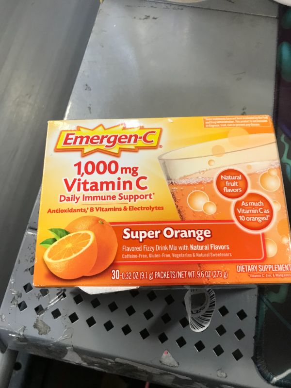 Photo 2 of Emergen-C 1000mg Vitamin C Powder, with Antioxidants, B Vitamins and Electrolytes, Vitamin C Supplements for Immune Support, Caffeine Free Fizzy Drink Mix, Super Orange Flavor, 0.32 Ounce (Pack of 30) bb 11/22