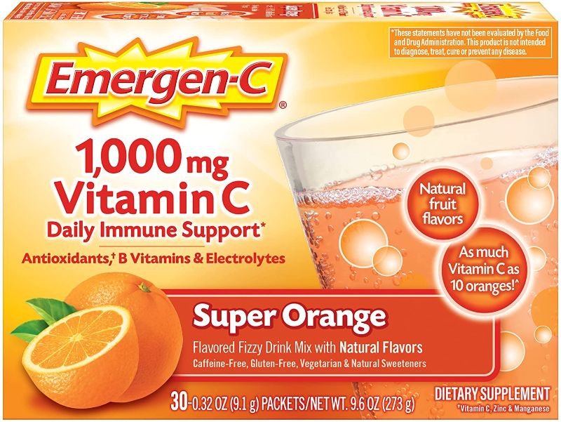 Photo 1 of Emergen-C 1000mg Vitamin C Powder, with Antioxidants, B Vitamins and Electrolytes, Vitamin C Supplements for Immune Support, Caffeine Free Fizzy Drink Mix, Super Orange Flavor, 0.32 Ounce (Pack of 30) bb 11/22