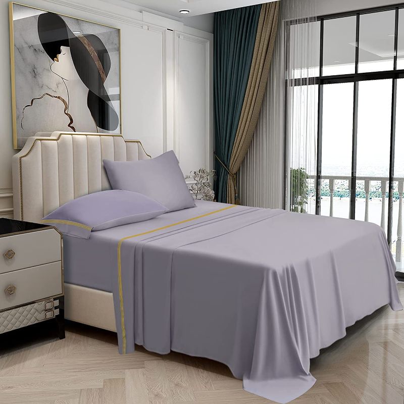 Photo 1 of Bakumon Bamboo Sheets Set Queen Size Bed Sheet Set 4PCs Cooling Sheets with 18" Deep Pocket Fitted Sheet Luxury Bed Sheet Sets for Queen Bed Hotel Silky Bedding Sheet Breathable Bedsheet-Purple Grey