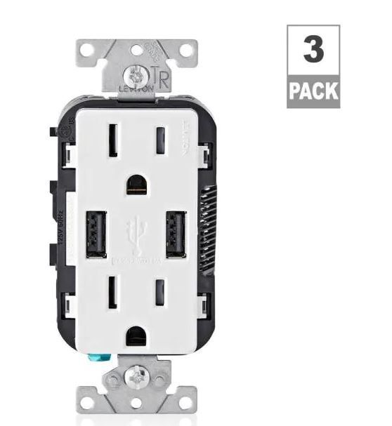 Photo 1 of 15 Amp Decora Combination Tamper Resistant Duplex Outlet and USB Charger, White (3-Pack)
